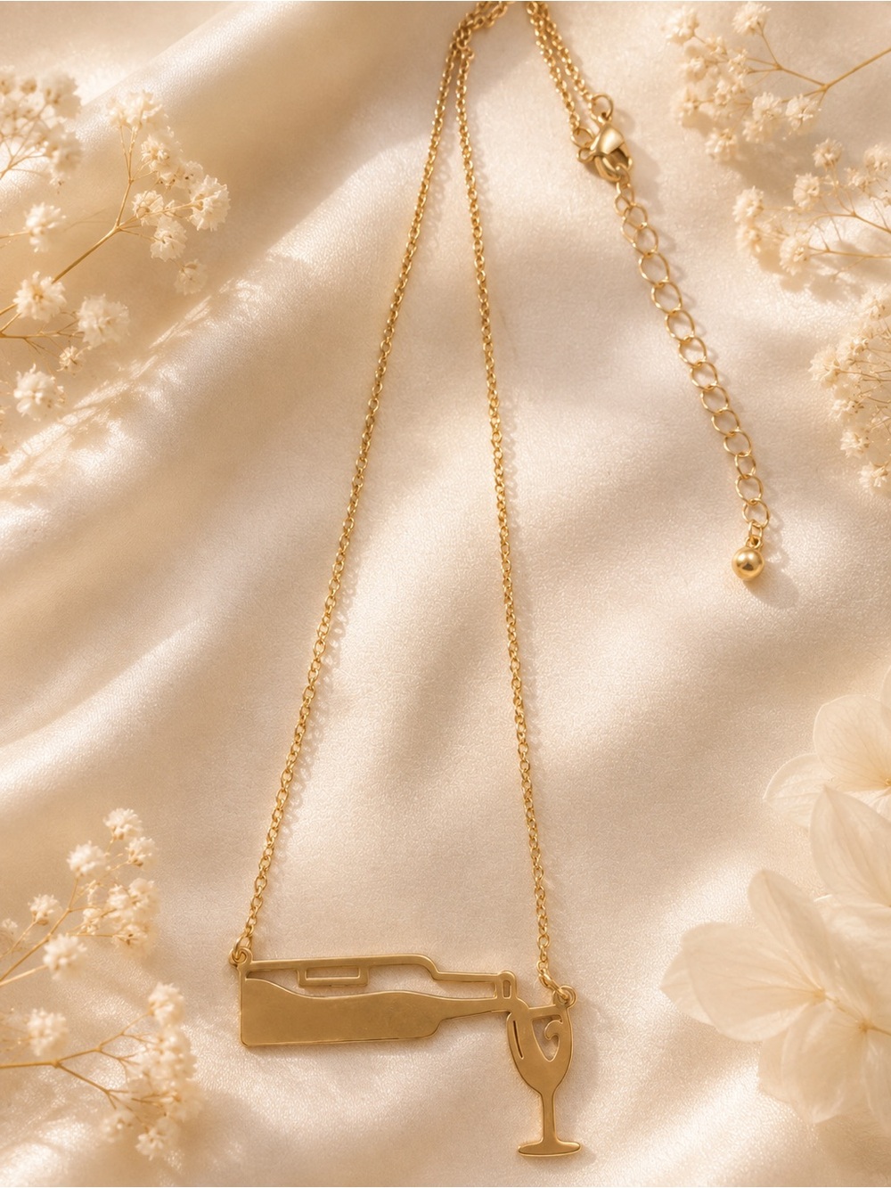 Gold Wine Bottle and Glass Pendant Necklace - Women Jewelry